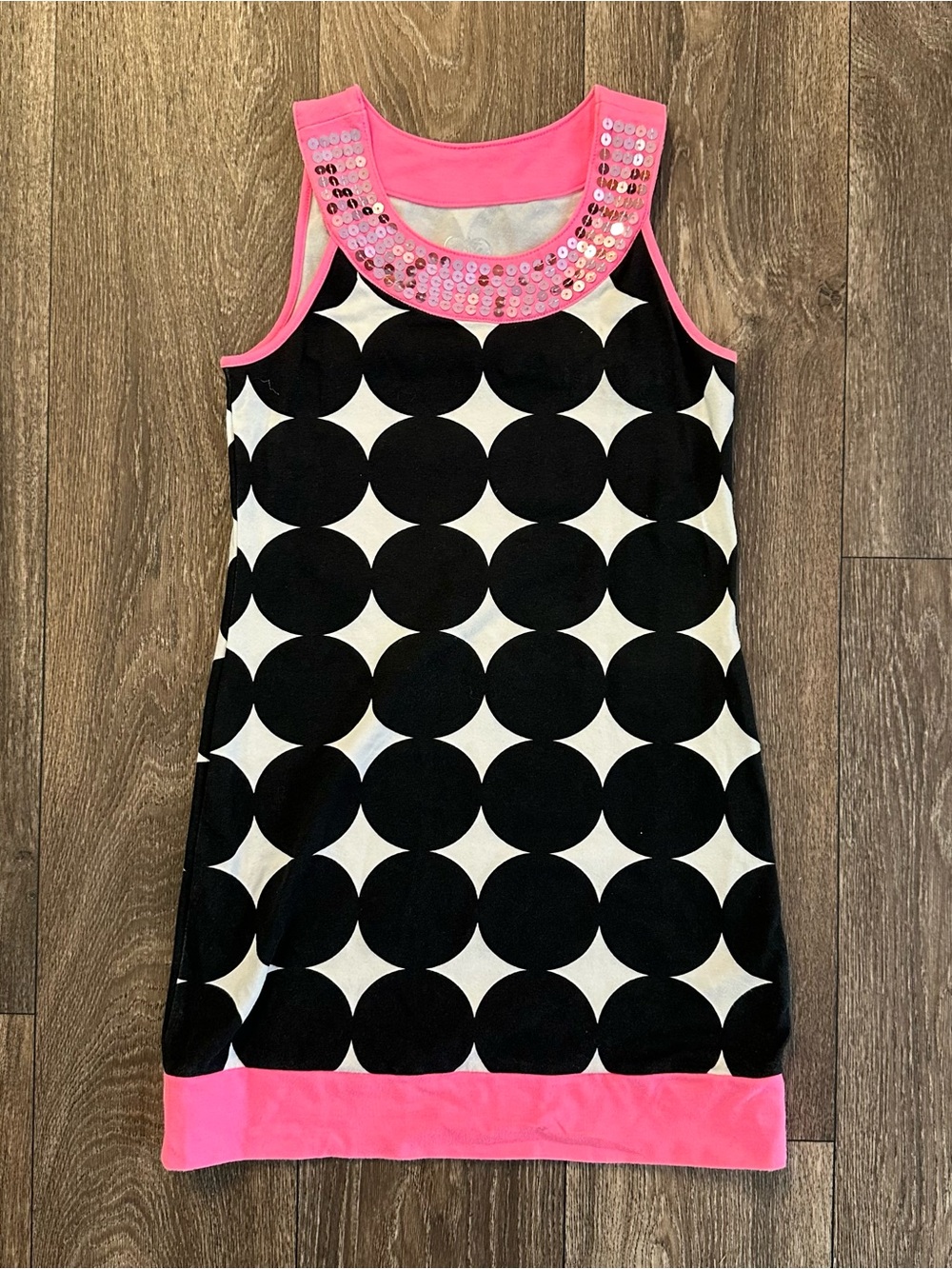 Justice retro style black-and-white polkadot pink sequin neckline mini dress Sz